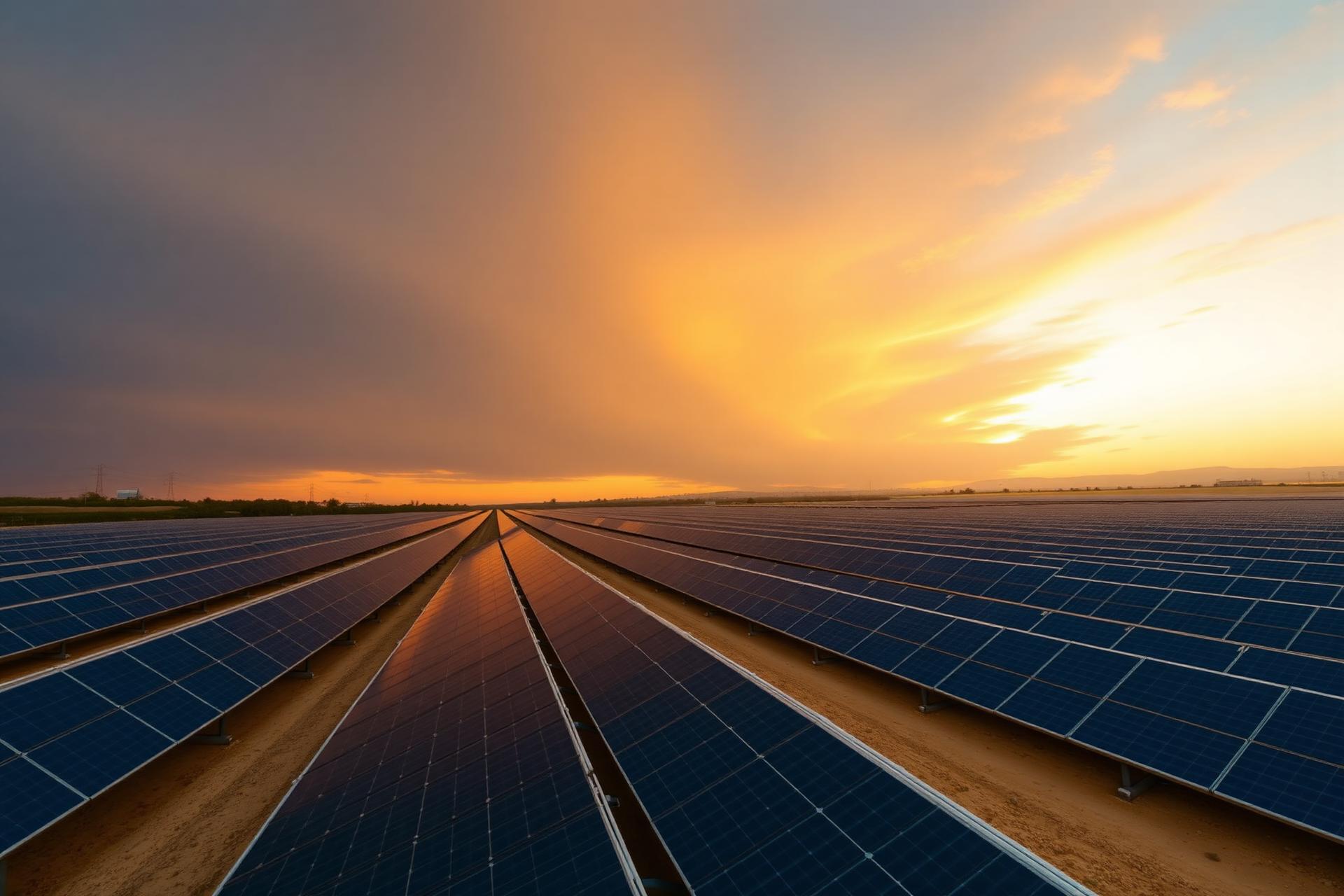 Planta solar fotovoltaica industrial al atardecer